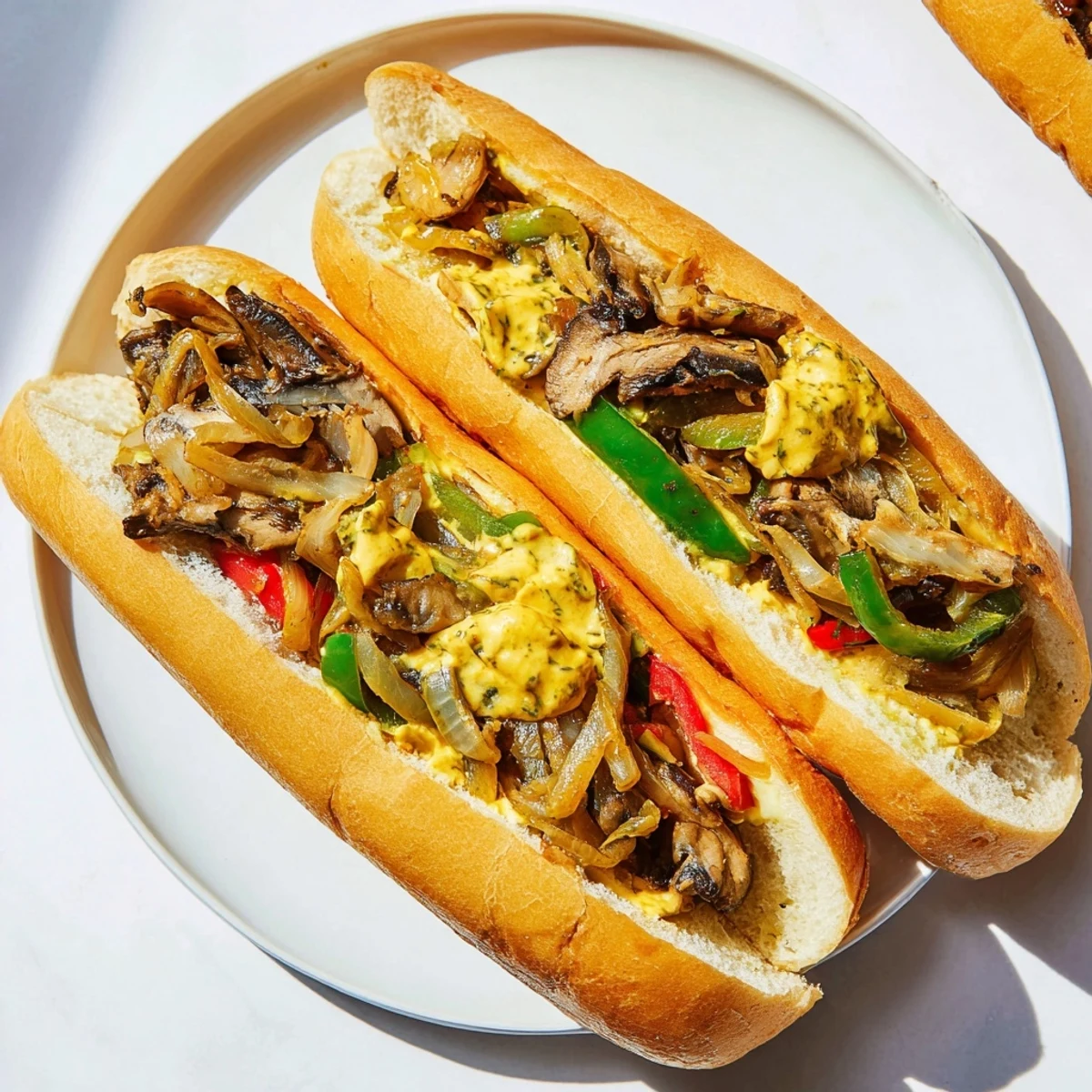 Toasted hoagie roll stuffed with sautéed mushrooms, peppers, and onions in a creamy Vegan Philly Cheesesteak sauce.