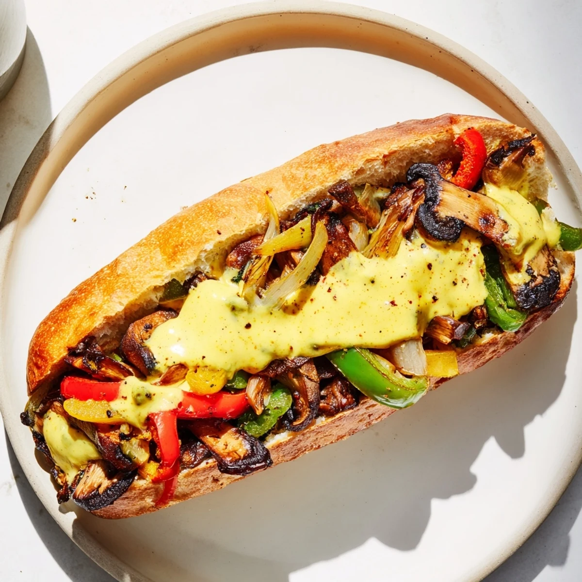 A close-up view of a plant-based Vegan Philly Cheesesteak with melted cheese sauce dripping onto the plate.