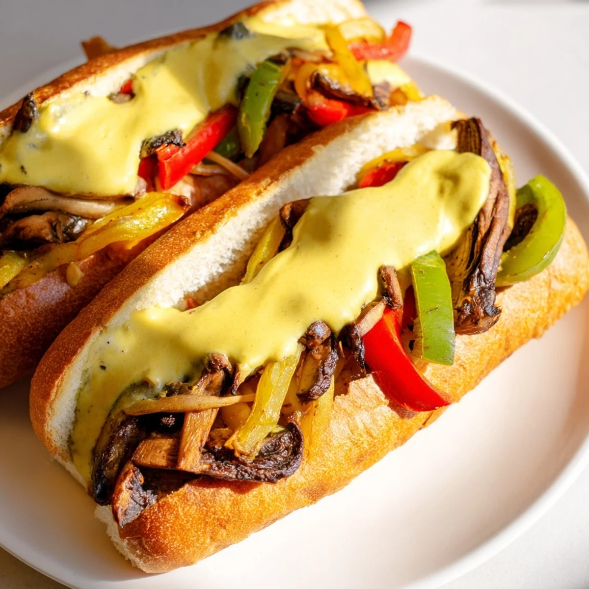 Savory Vegan Philly Cheesesteak served hot with extra sauce and golden peppers inside a toasted sub roll.