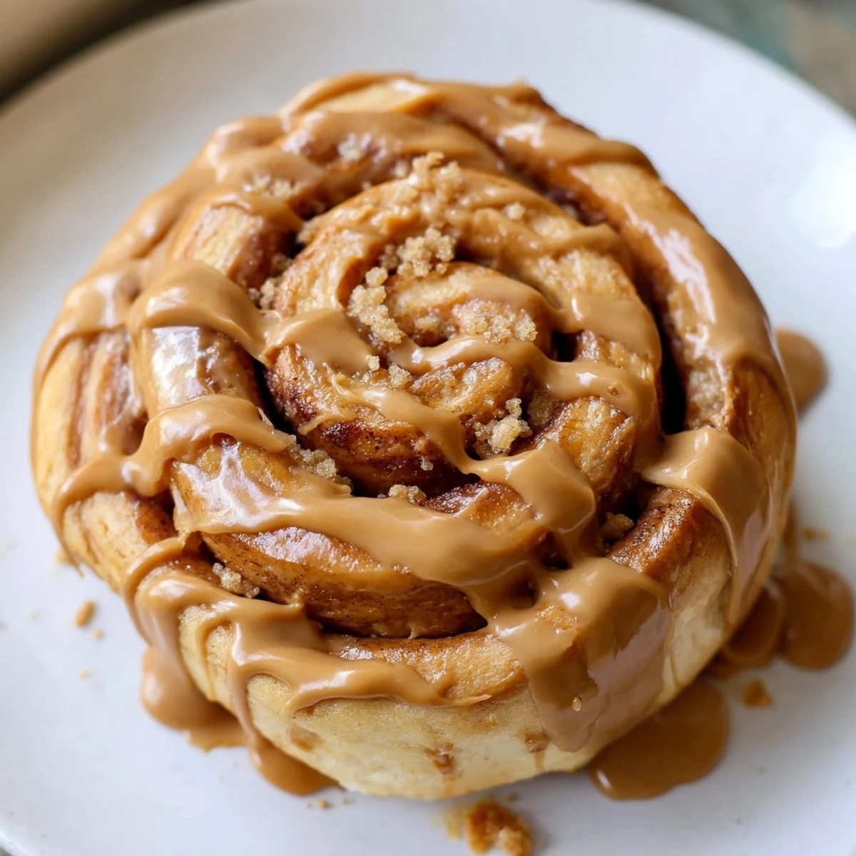 A warm, freshly glazed Soft and Gooey Biscoff Cinnamon Roll on a white plate.
