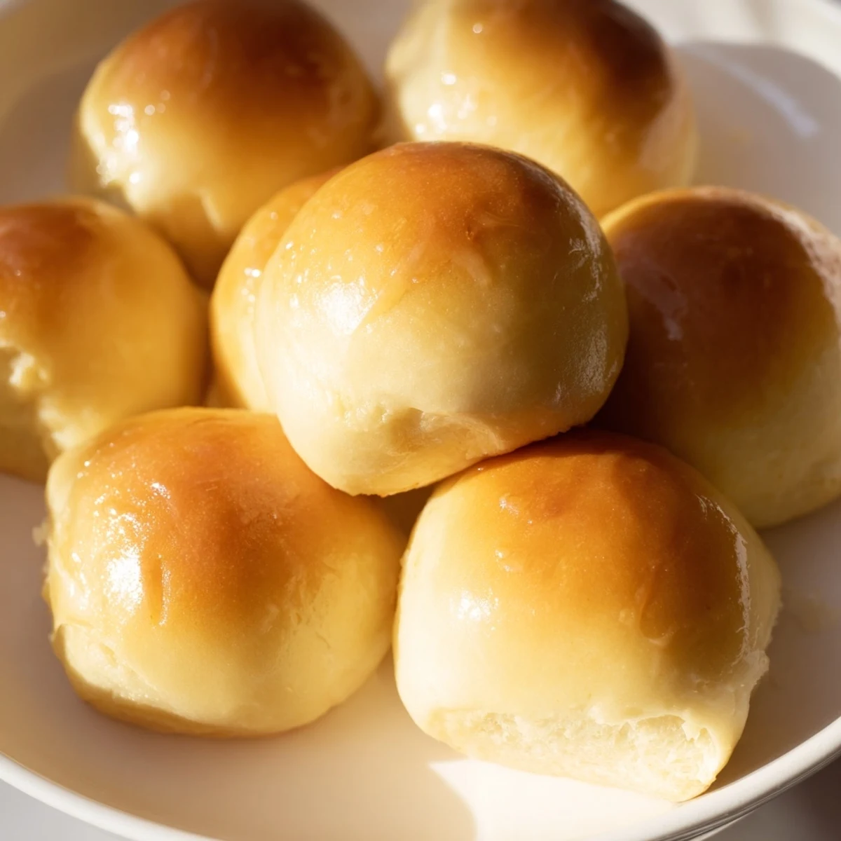 Freshly baked Best Vegan Dinner Rolls with a golden-brown crust and soft, fluffy interior, brushed with melted butter.