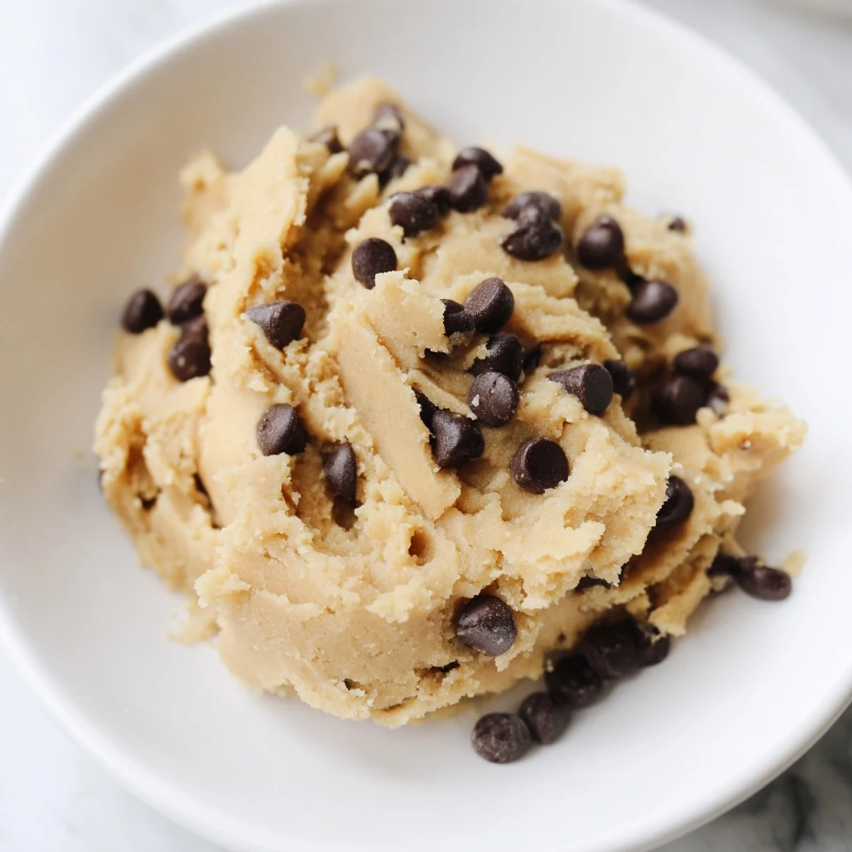 A bowl of Edible Keto Cookie Dough with chocolate chips and a wooden scoop, ready to eat.