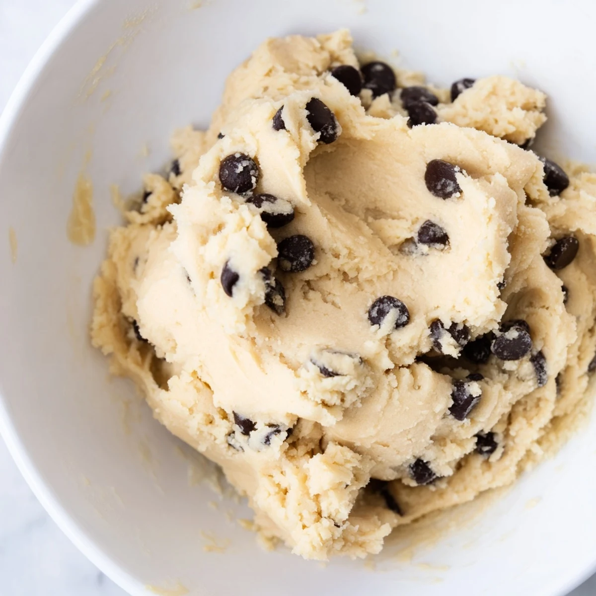 A spoon scoops Edible Keto Cookie Dough from a glass bowl, showing its smooth, buttery texture.