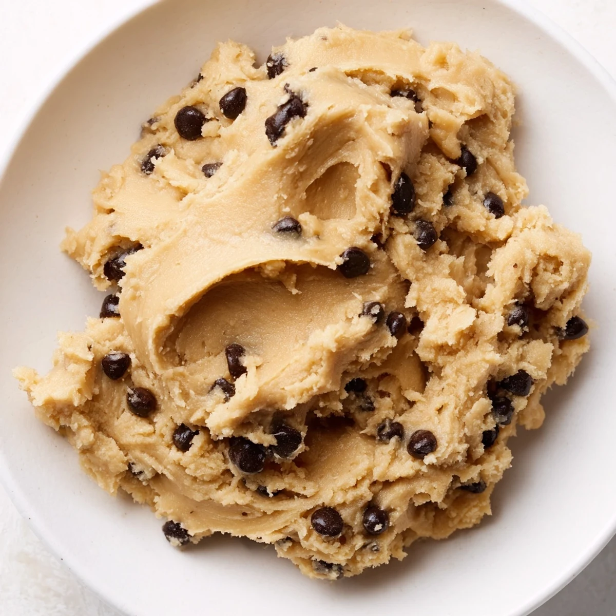 The creamy Edible Keto Cookie Dough is spread on a plate, topped with sugar-free chocolate chips.