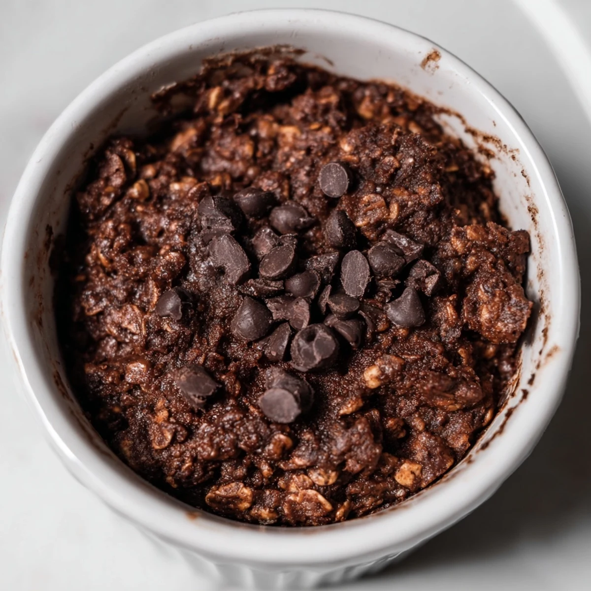 Warm, fudgy Easy Chocolate Baked Oats in a ramekin, topped with melted chocolate chips for a cozy breakfast.  