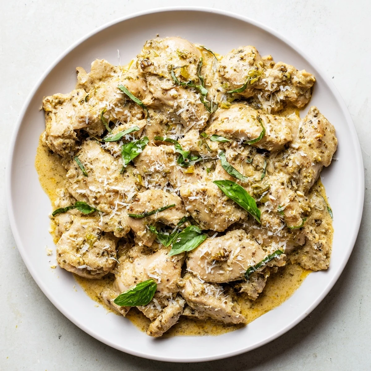Tender Pesto Ranch Crock Pot Chicken Thighs served over creamy mashed potatoes, garnished with fresh basil.  