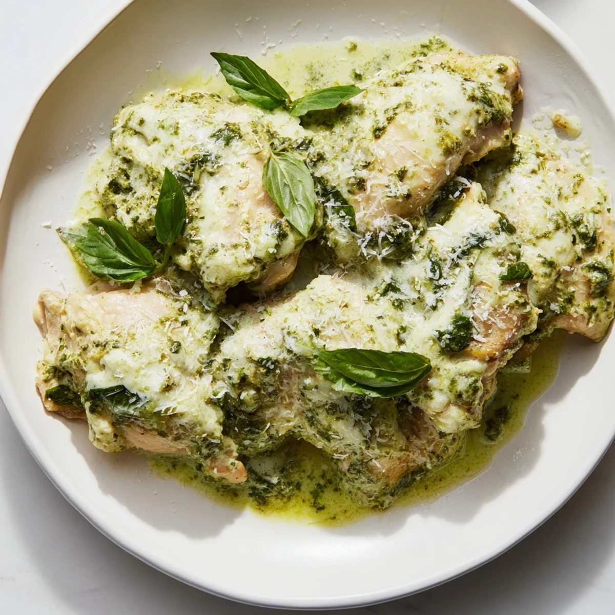 Golden, shredded Pesto Ranch Crock Pot Chicken Thighs on a dinner plate, ready to enjoy with roasted vegetables.