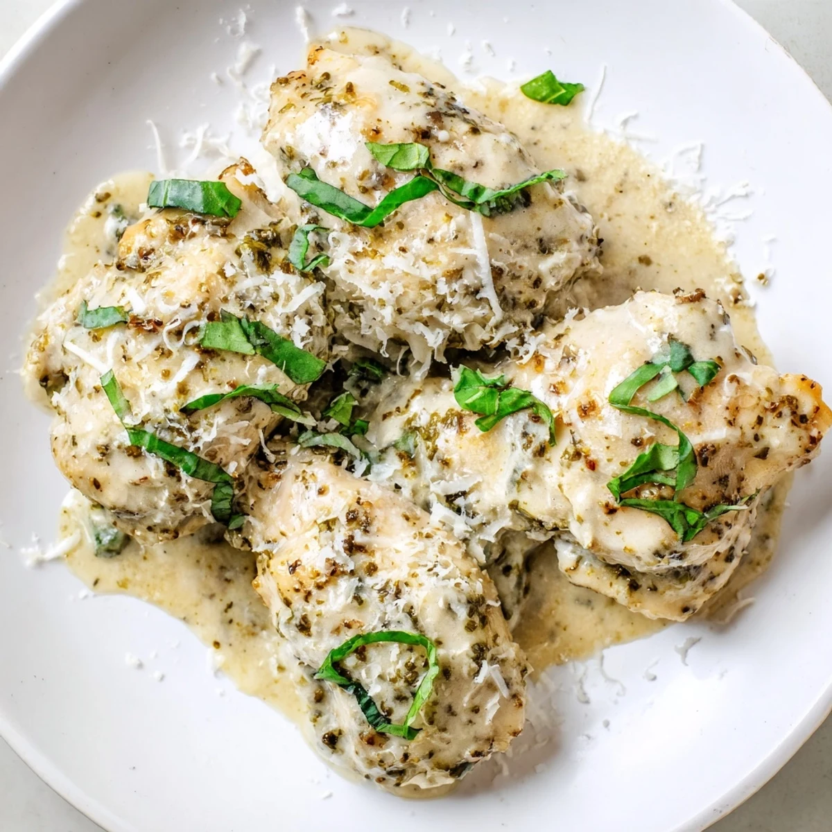 Slow-cooker Pesto Ranch Crock Pot Chicken Thighs in a rich, creamy sauce, ideal for a comforting weeknight meal.  