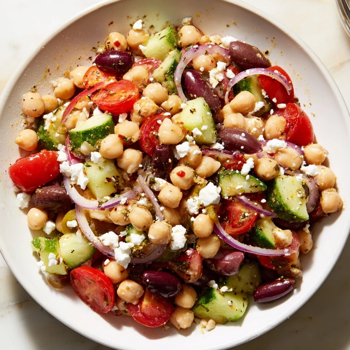 This Mediterranean Dense Bean Salad features a vibrant mix of chickpeas, olives, and feta, perfect for a healthy lunch.