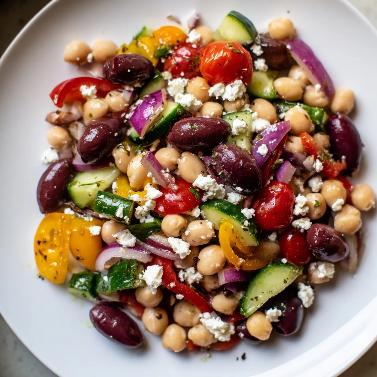 Bright and fresh Mediterranean Dense Bean Salad served in a white dish with lemon wedges and a sprinkle of oregano.
