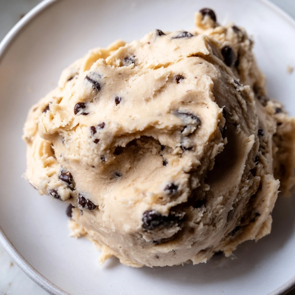Freshly mixed Chocolate Chip Greek Yogurt Cookie Dough shows a creamy, pale base studded with mini semi-sweet chocolate chips in a white ceramic bowl.