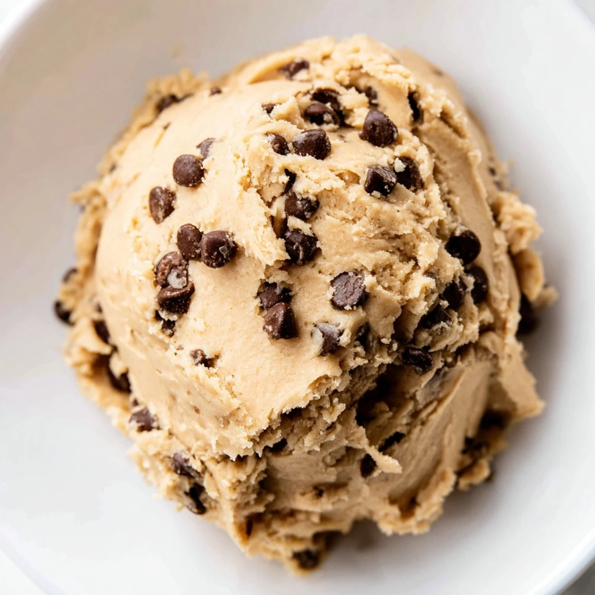 Serving suggestion for Chocolate Chip Greek Yogurt Cookie Dough with a spoon ready to eat, showing the soft, edible dough made with Greek yogurt.