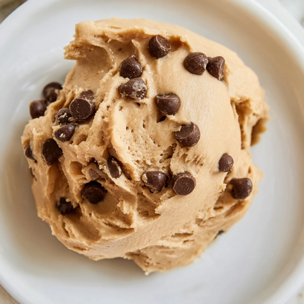 A close-up of Chocolate Chip Greek Yogurt Cookie Dough highlights its thick, scoopable texture and visible chocolate chips against a simple, clean background.