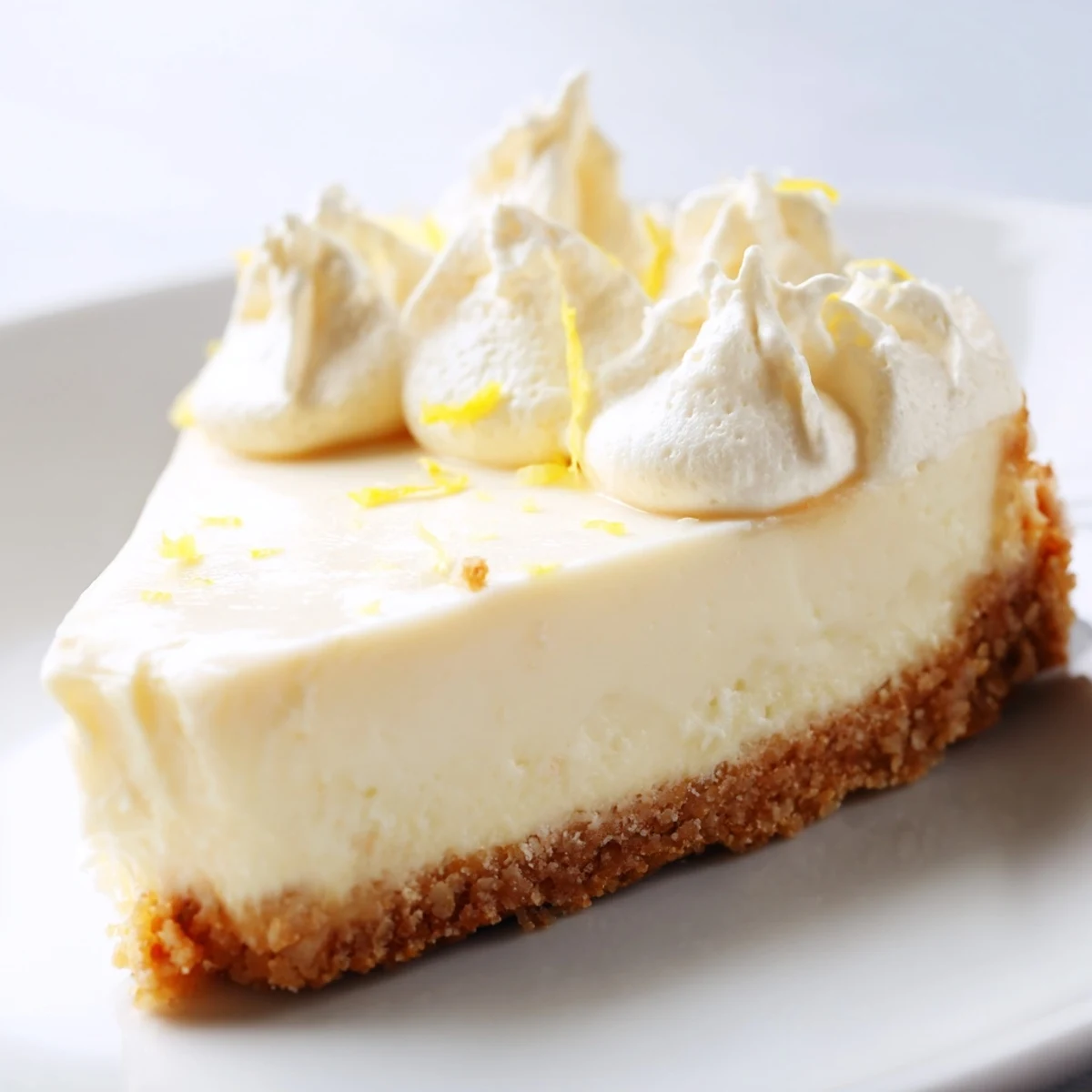 A slice of rich Greek Yogurt Cheesecake rests on a white plate with fresh berries and a drizzle of honey. 