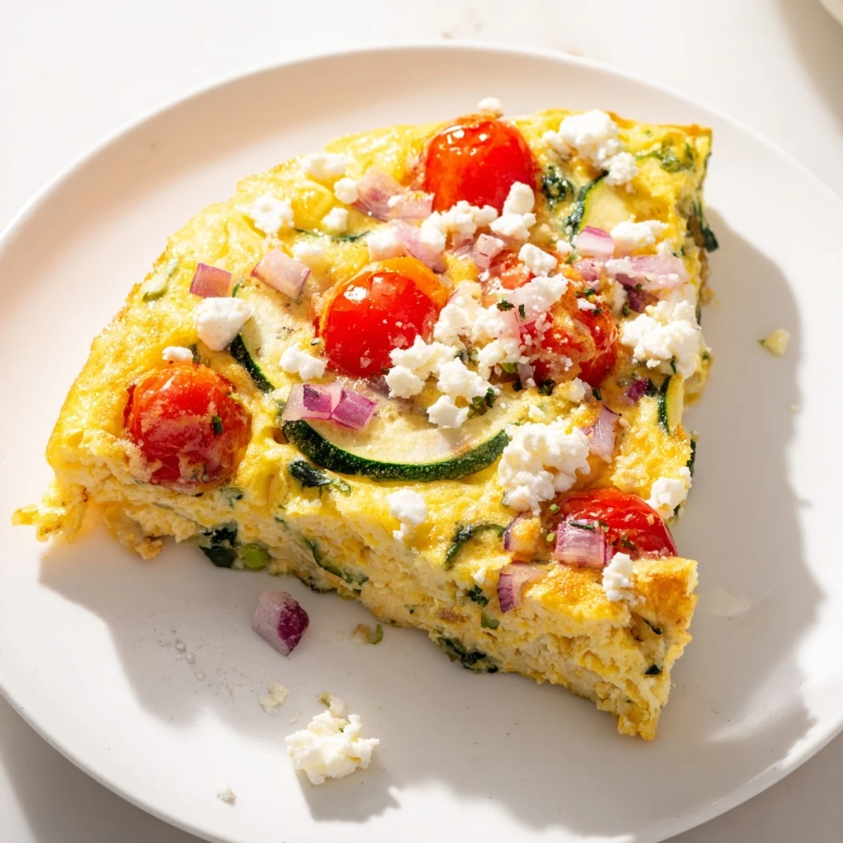 A golden Veggie Air Fryer Frittata with fluffy eggs, spinach, and feta ready for breakfast.