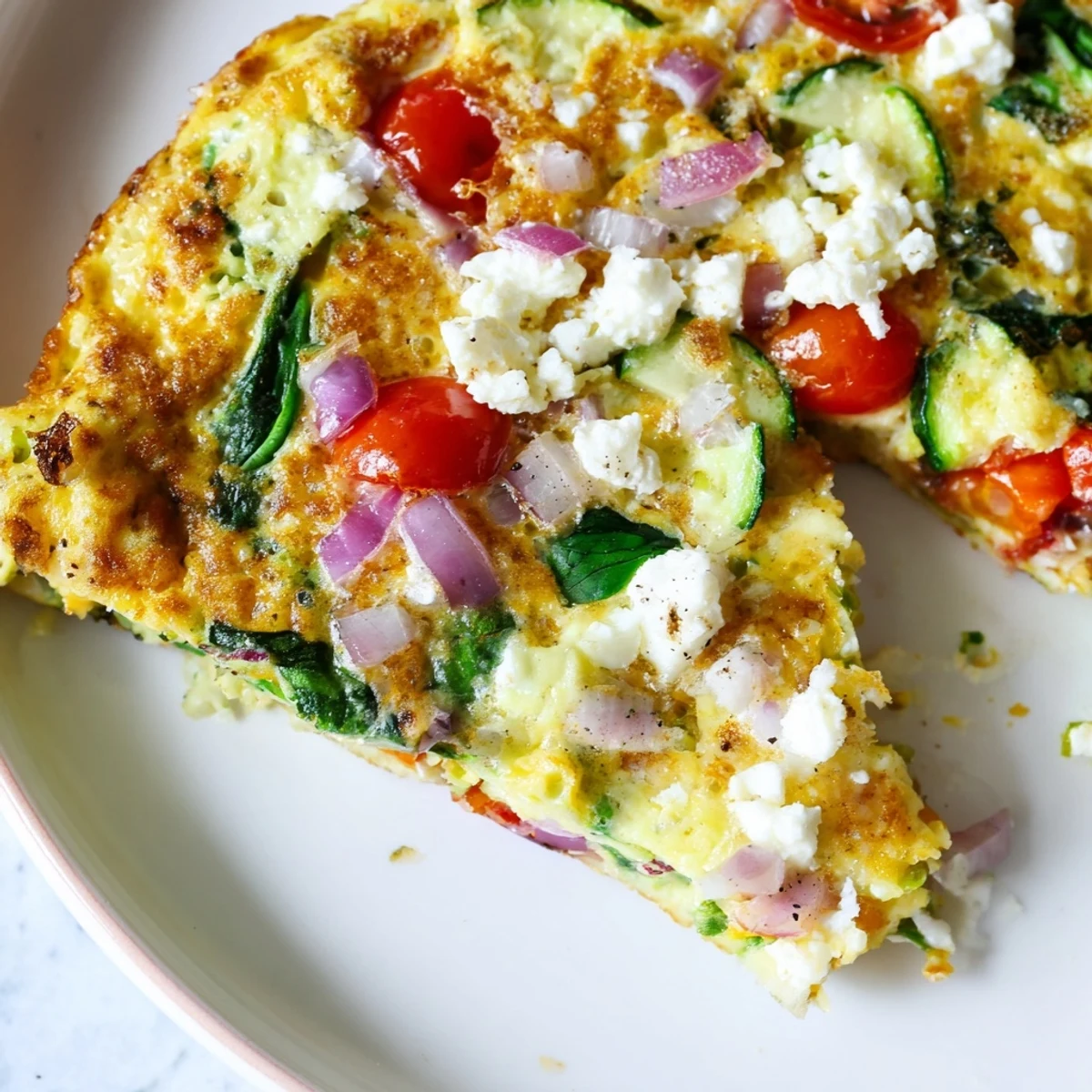 Freshly cooked Veggie Air Fryer Frittata showing peppers and tomatoes beside a green salad.