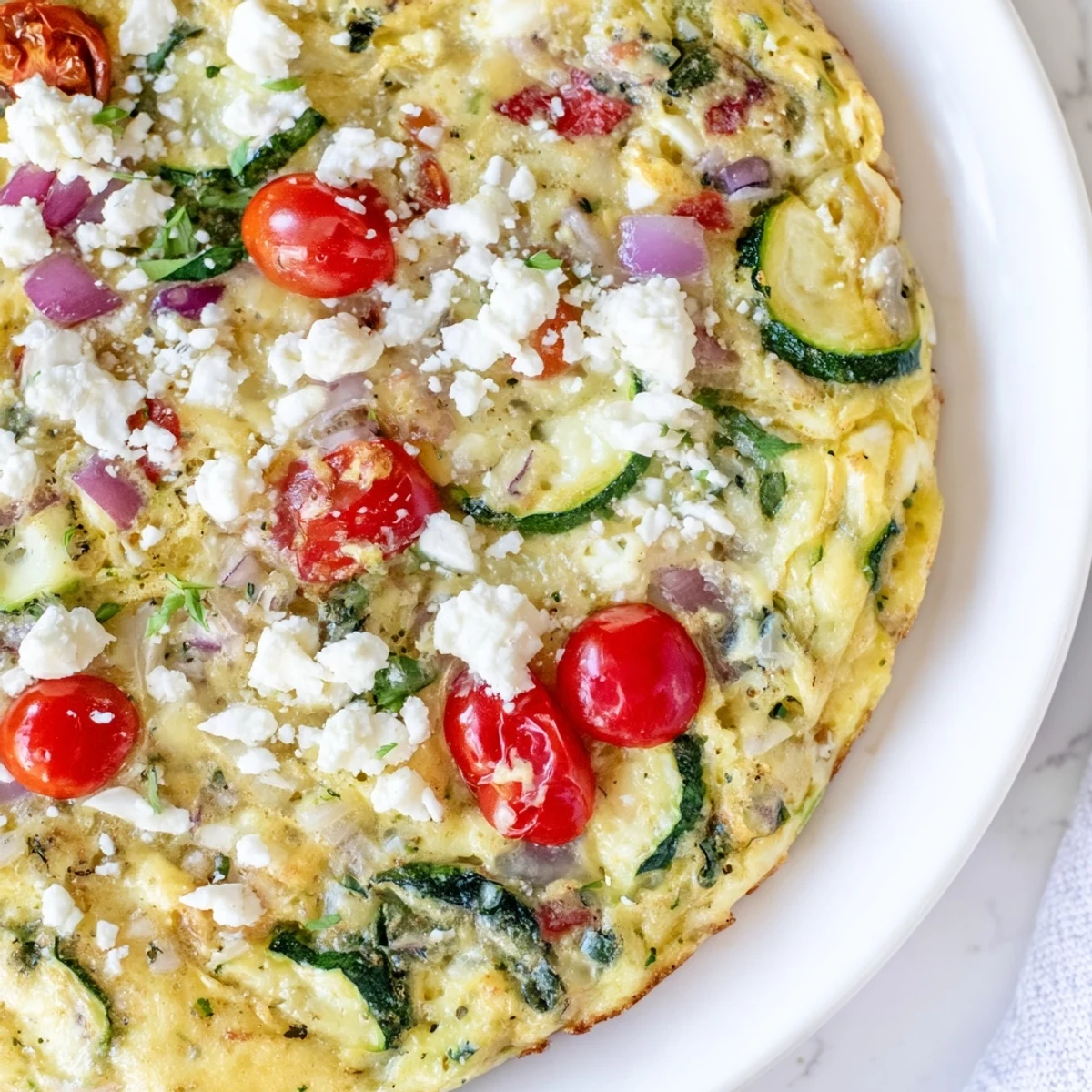 Colorful Veggie Air Fryer Frittata slice resting on a plate with herbs and crusty bread.