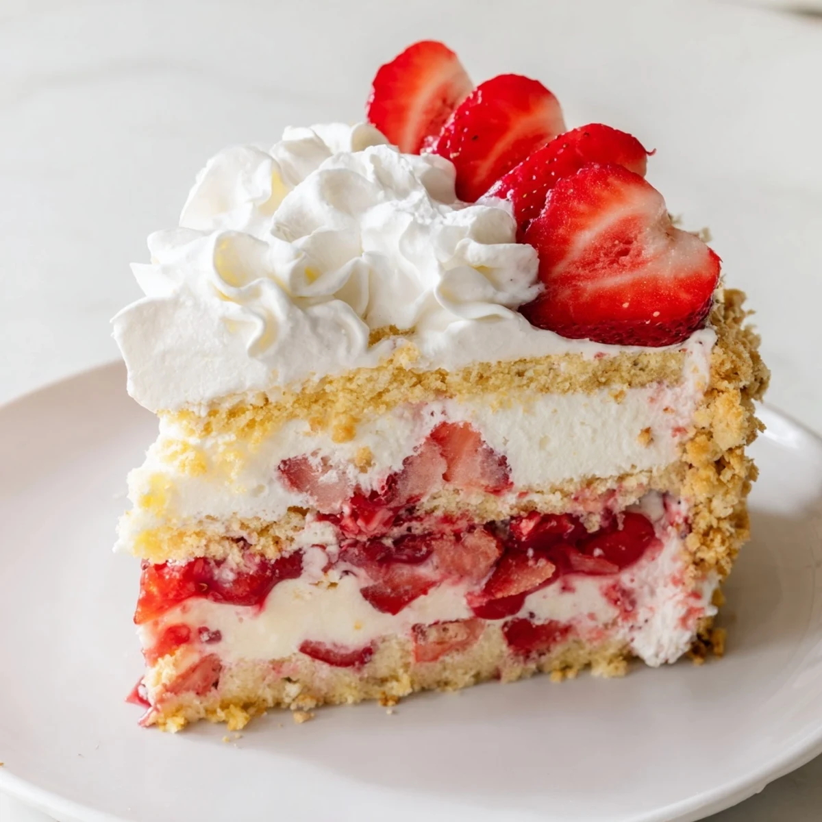 Close-up of Easy Strawberry Shortcake Ice Cream Cake with whipped cream and strawberries on a summer party dessert table.