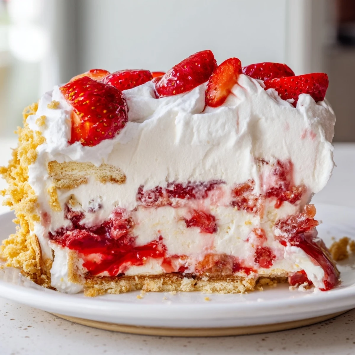 A slice of Easy Strawberry Shortcake Ice Cream Cake shows creamy vanilla layers, fresh strawberry filling, and crunchy cookie crumbles.