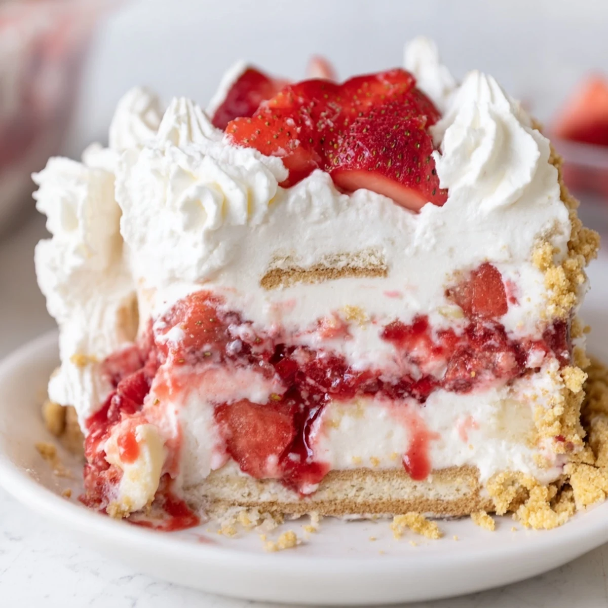 Perfectly sliced Easy Strawberry Shortcake Ice Cream Cake reveals juicy berries and a no-bake vanilla ice cream layer.