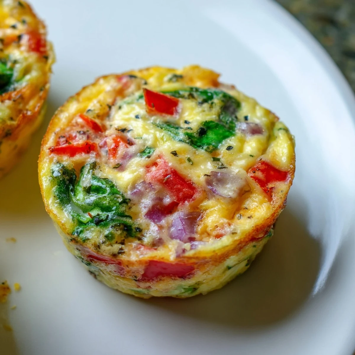 Freshly baked Best Frittata Egg Muffins with spinach, peppers, and melted cheese in a muffin tin.  