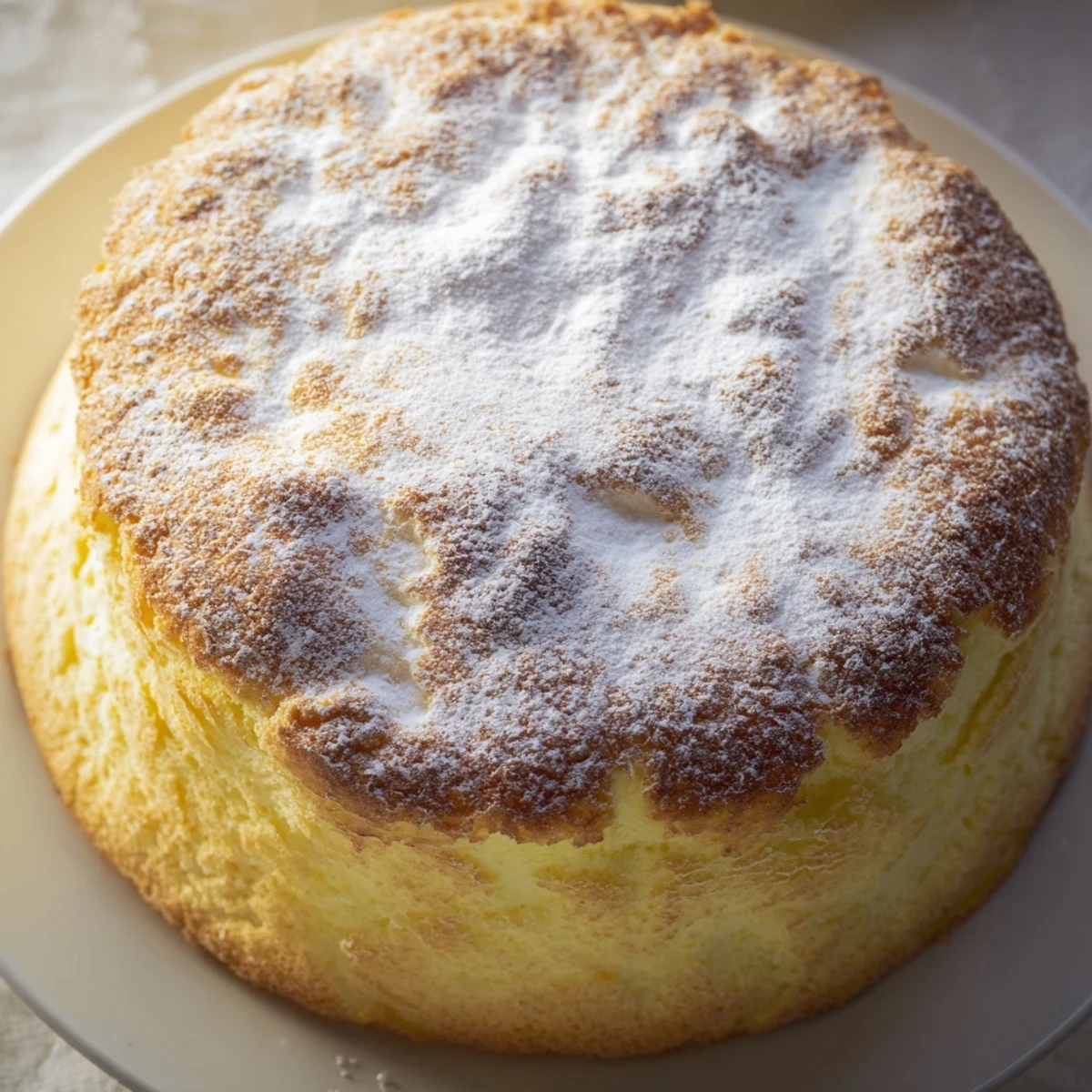A slice of Fluffy Yogurt Cloud Cake dusted with powdered sugar, revealing a light, airy crumb and subtle tang.