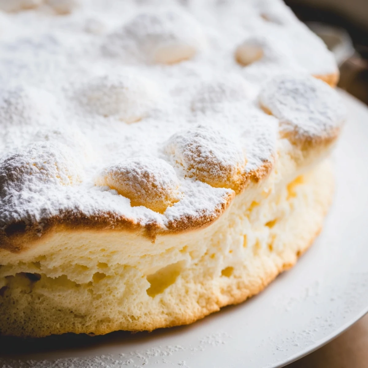 A whole Fluffy Yogurt Cloud Cake presented on a plate with whipped cream and berries, ready to serve.