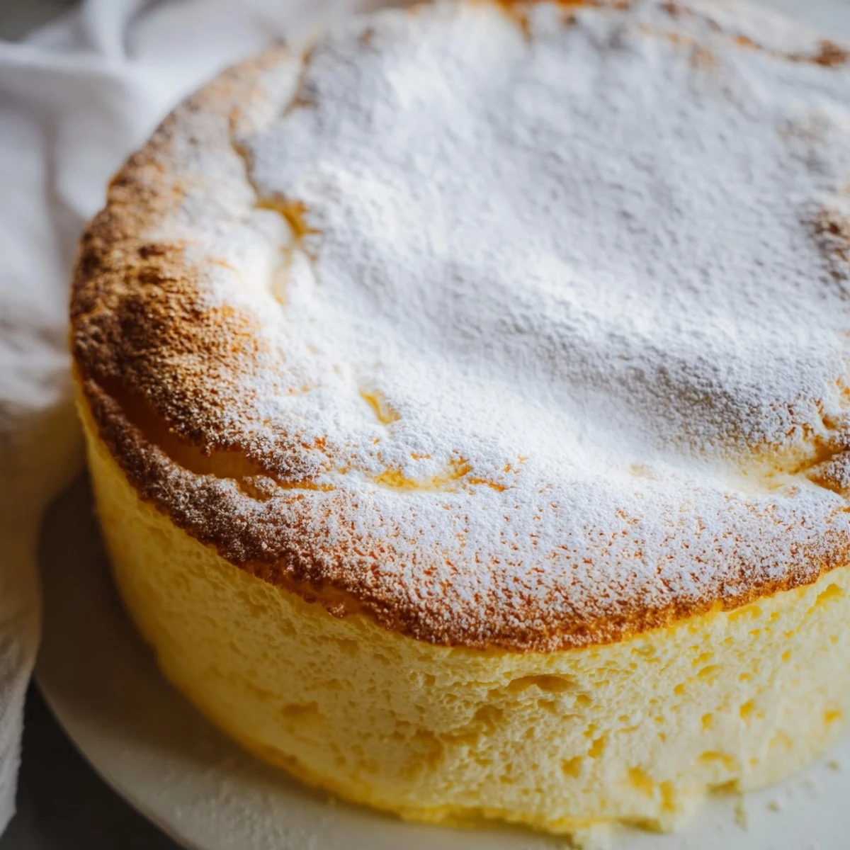 Freshly baked Fluffy Yogurt Cloud Cake shows a golden top and soft interior on a cooling wire rack.