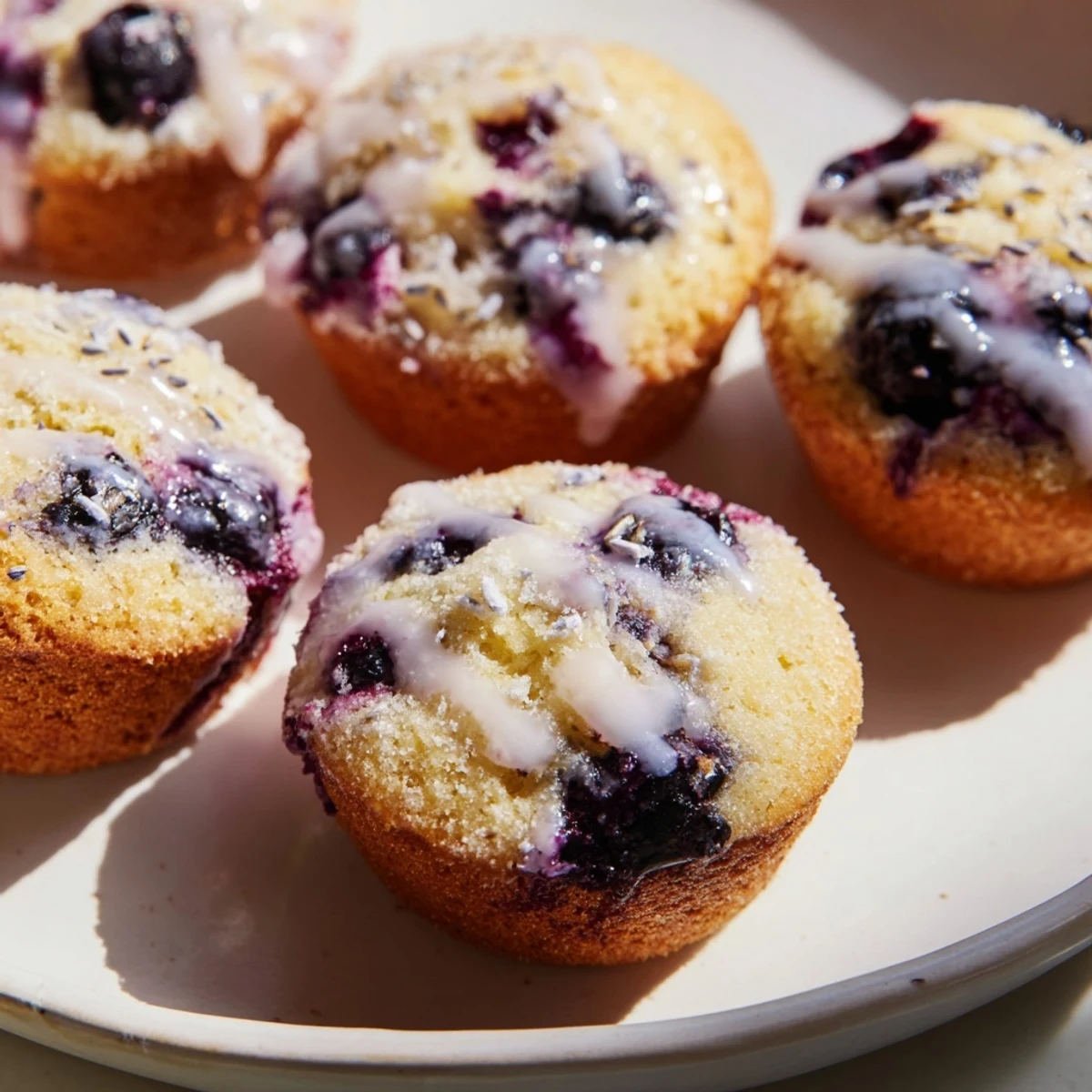 Lavender Blueberry Tea Cakes showcasing moist crumb, juicy berries, and a light lemon glaze on a ceramic plate.