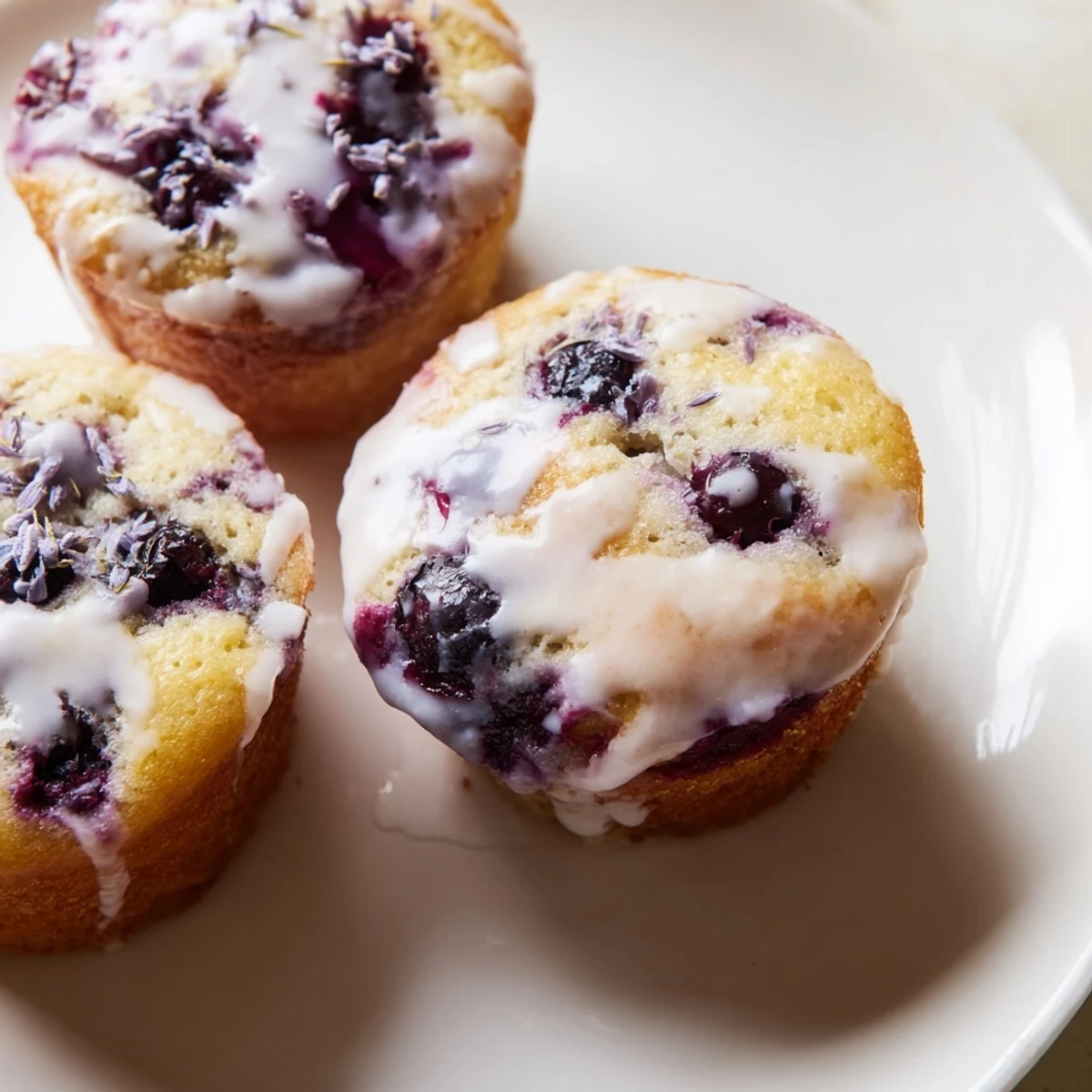 Freshly baked Lavender Blueberry Tea Cakes with a fluffy texture and lavender flecks on a rustic wooden table.