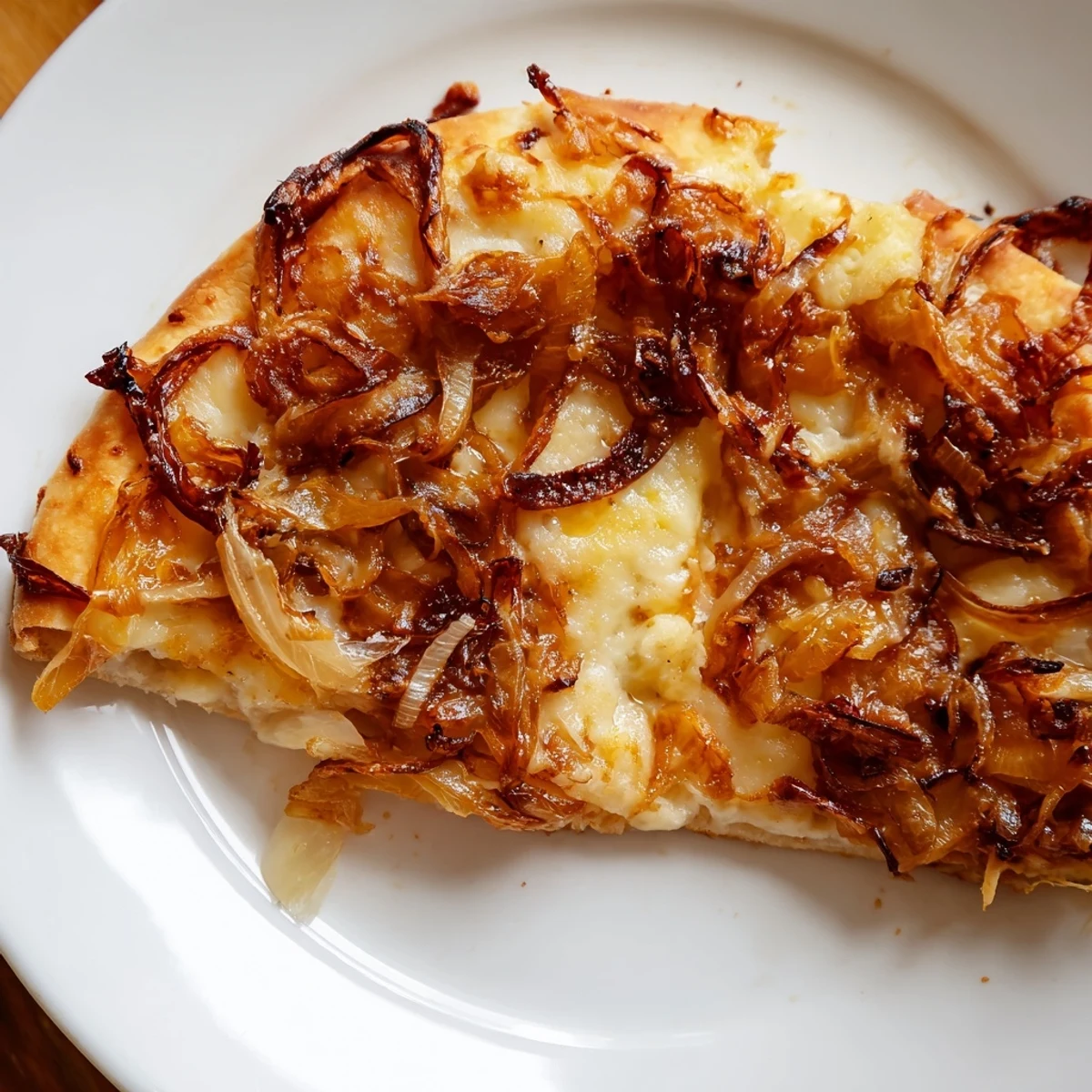 Freshly baked caramelized onion pizza shows melted mozzarella and fontina cheese with thyme on a marble countertop.