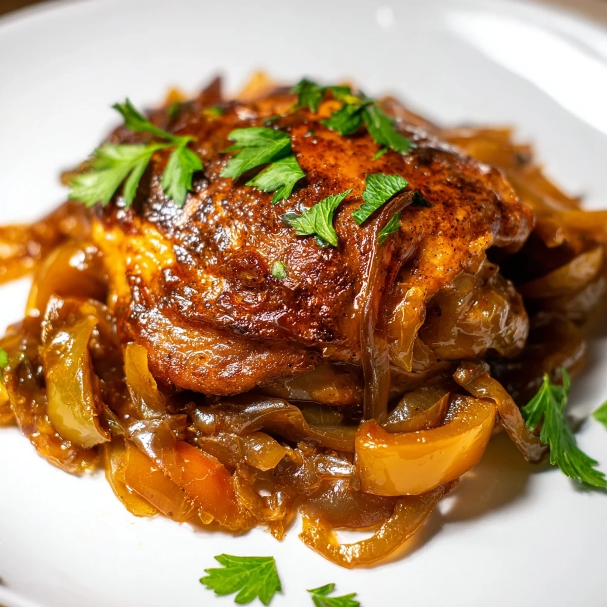 Juicy, golden-seared Braised Catalina Chicken thighs nestled in onions and peppers with a tangy, glossy sauce.