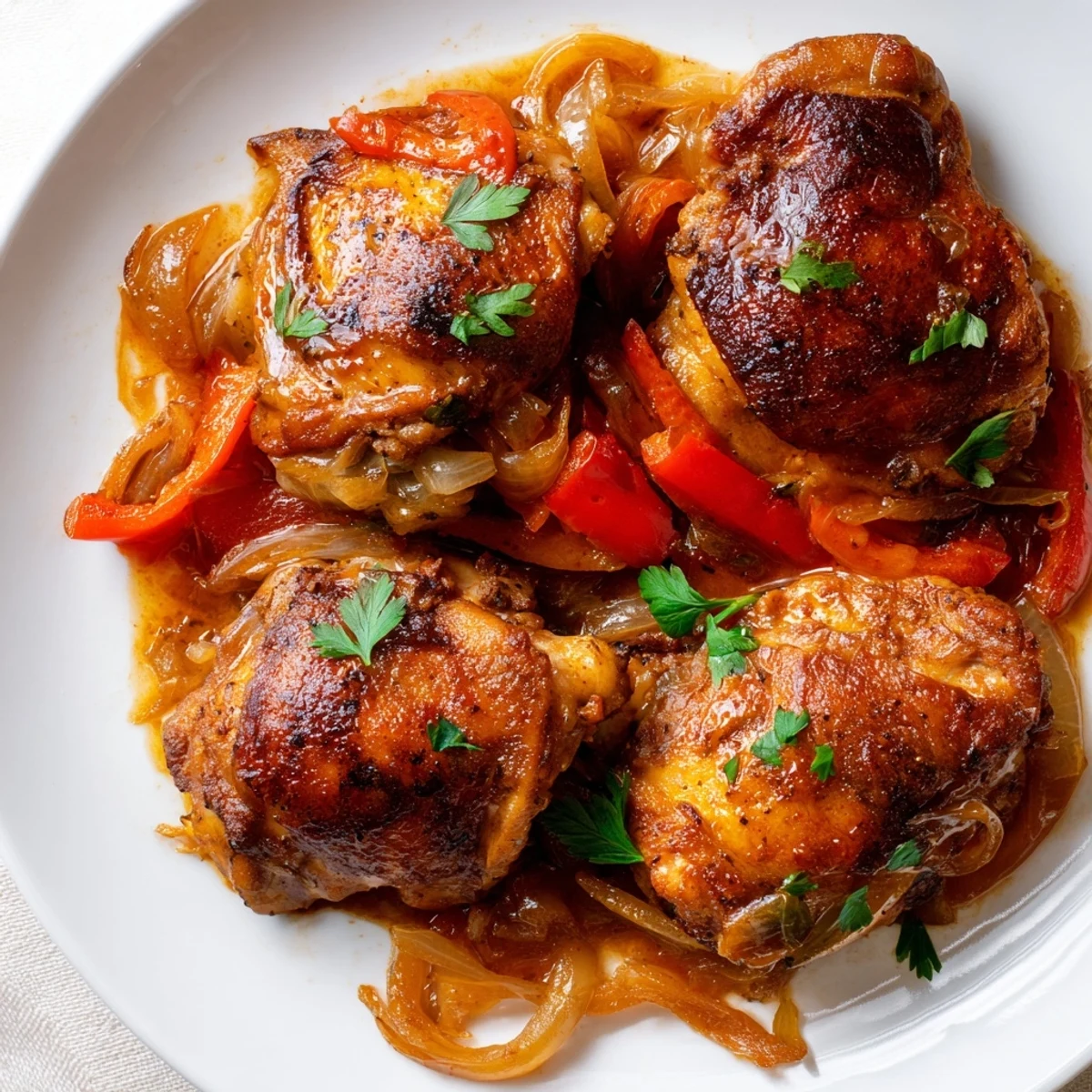 Fork-tender Braised Catalina Chicken with caramelized peppers and onions in a rich, sweet-tangy sauce ready to serve.
