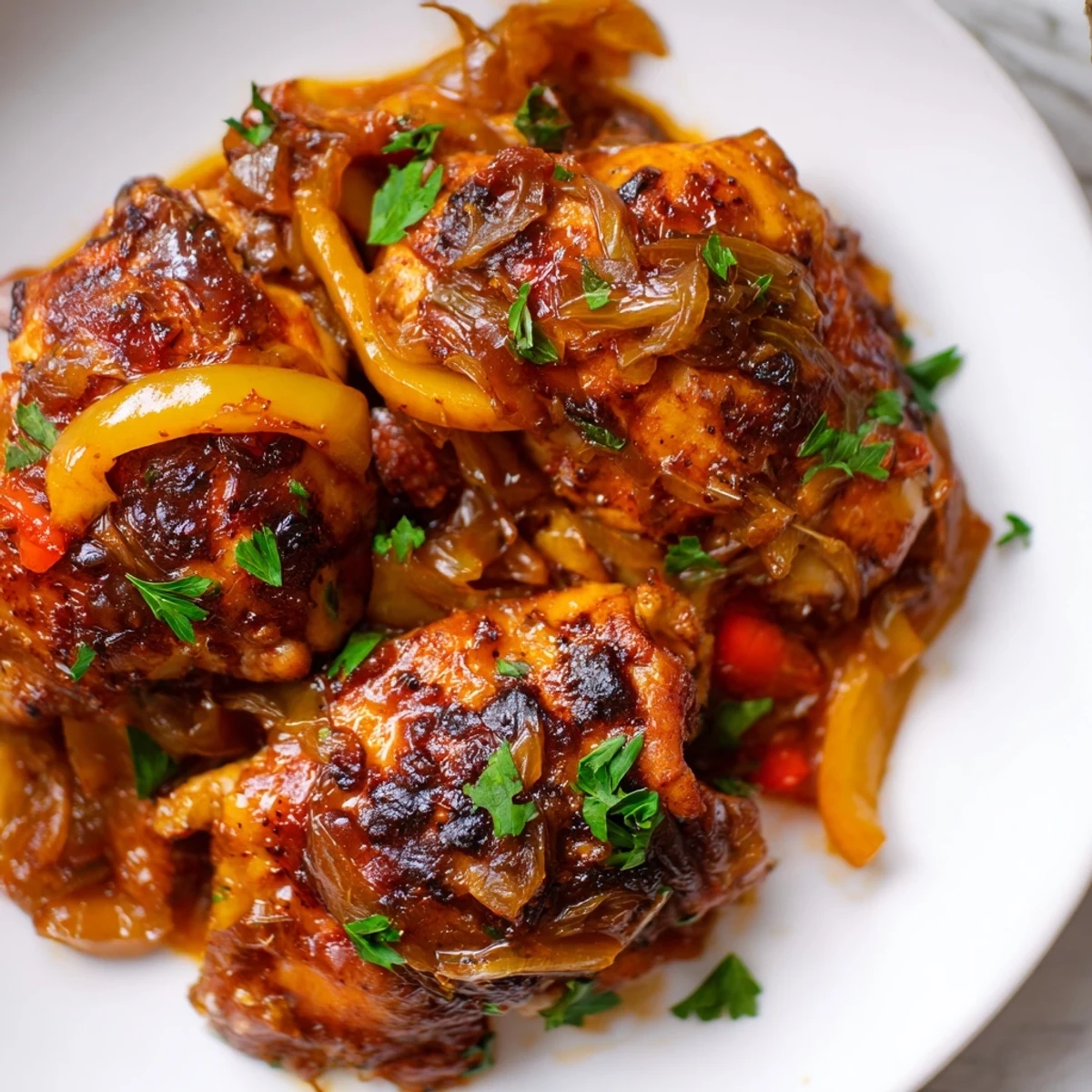 Tender Braised Catalina Chicken served over fluffy rice, garnished with fresh parsley in a rustic skillet.