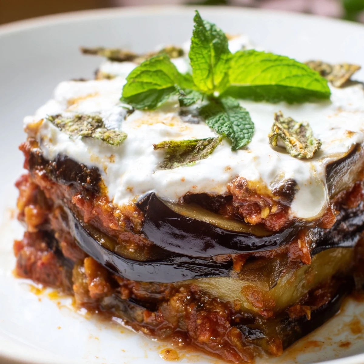 Golden fried eggplant slices layered with spiced tomato sauce and creamy yogurt in Borani Banjan, topped with dried mint.