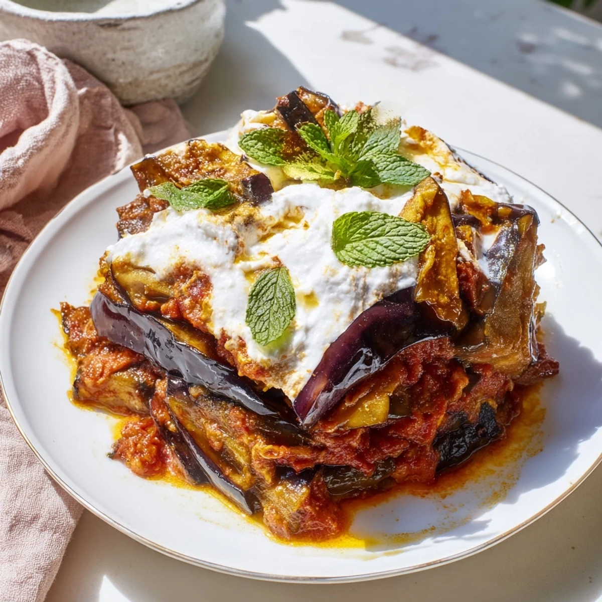 A close-up of Borani Banjan, an Afghan eggplant dish with rich tomato sauce and cool yogurt, served warm.