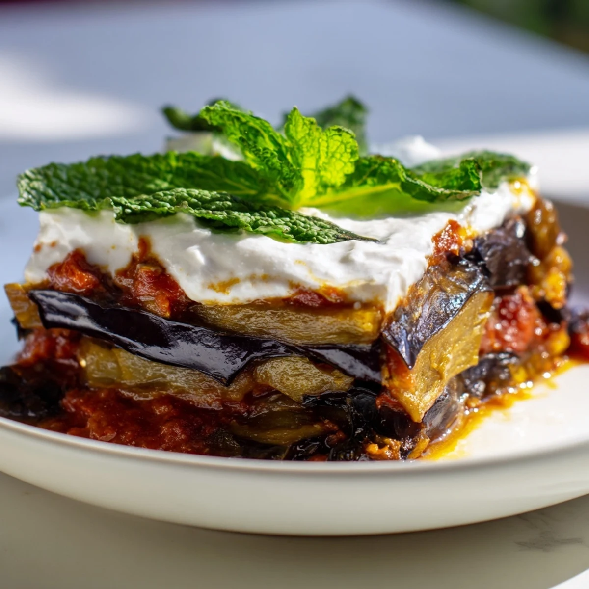 Freshly prepared Borani Banjan in a baking dish, garnished with mint and cilantro, ready to serve with naan.