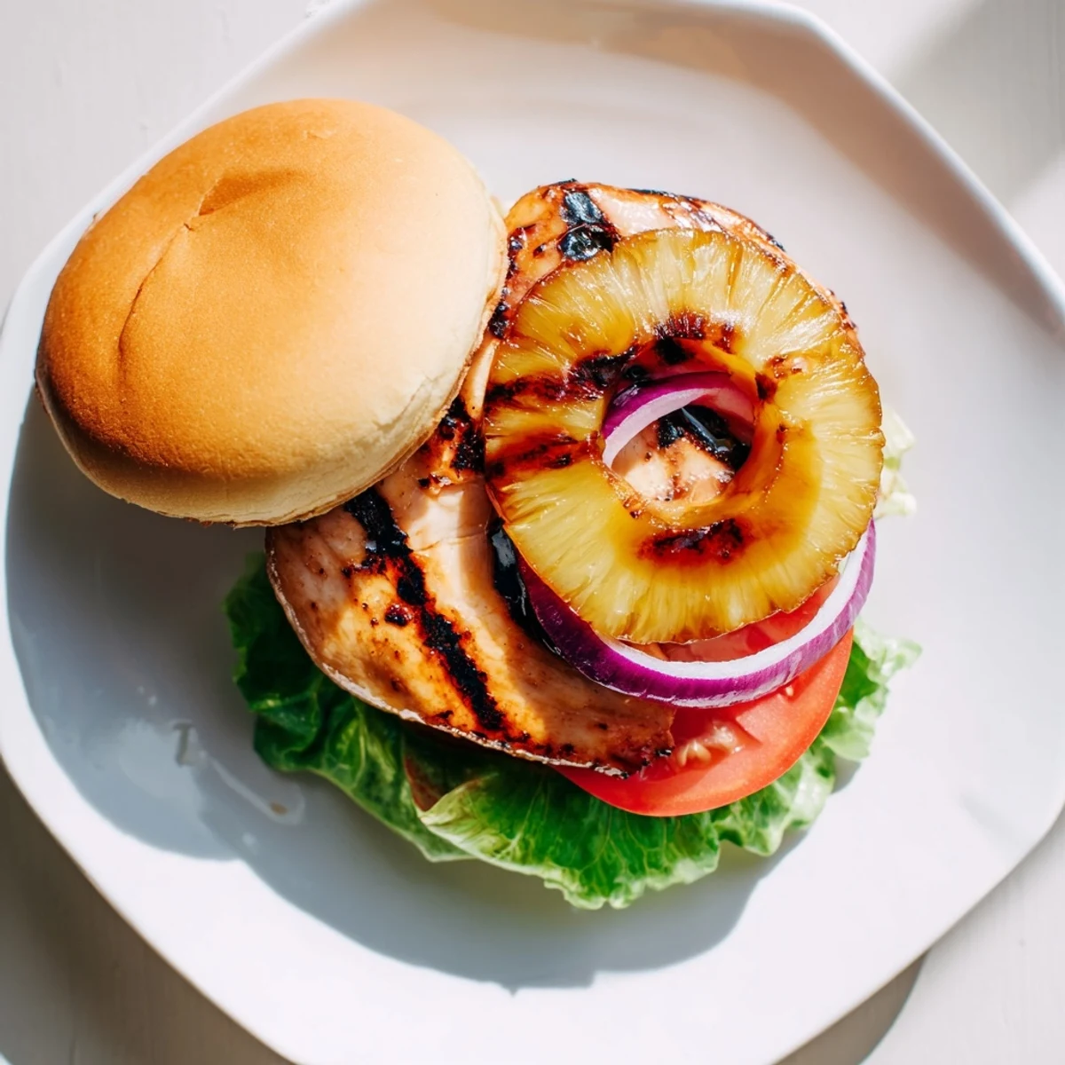 Grilled chicken burger with juicy pineapple ring, teriyaki glaze, and fresh lettuce on a toasted bun.