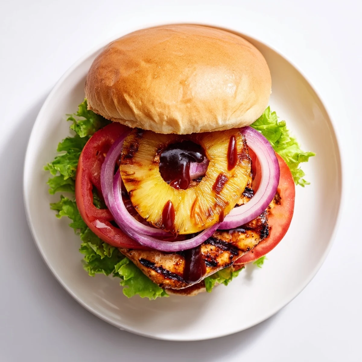 Hawaiian Pineapple Chicken Burger stacked with red onion and tomato slices beside sweet potato fries.
