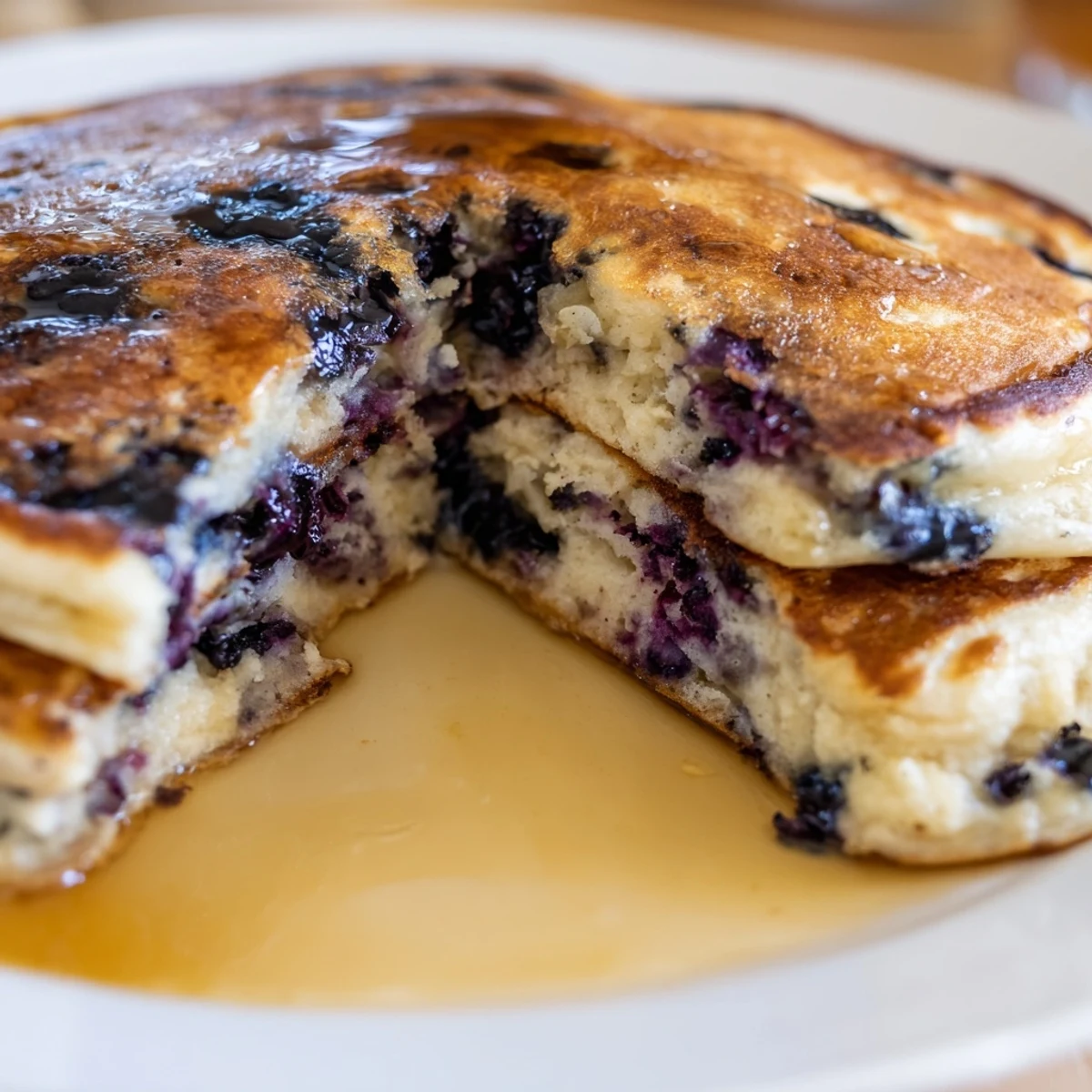 A close-up of Fluffy Greek Yogurt Blueberry Pancakes revealing juicy blueberries inside, served with a dollop of yogurt.