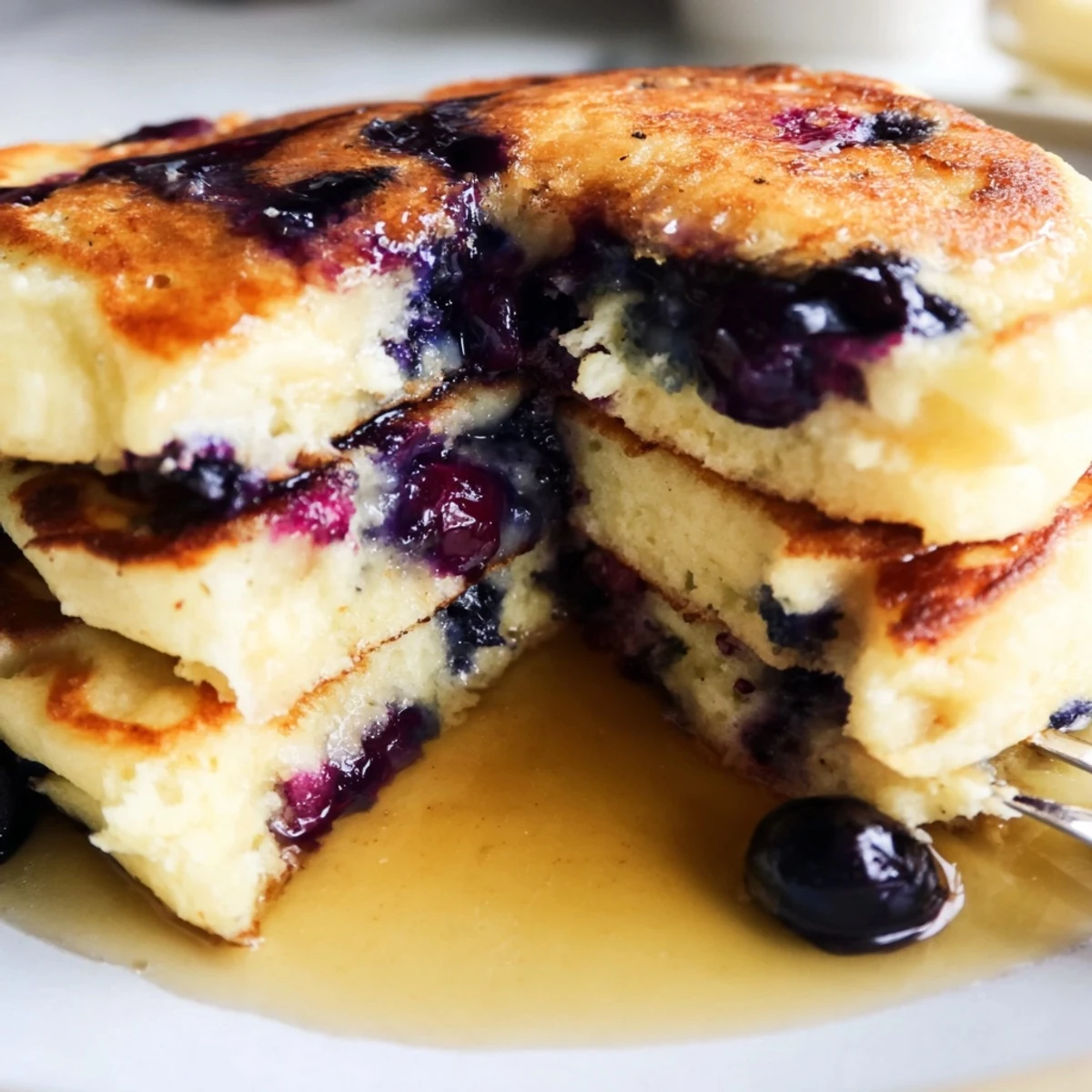 Golden-brown Fluffy Greek Yogurt Blueberry Pancakes on a rustic plate, ready for a cozy American breakfast or brunch.
