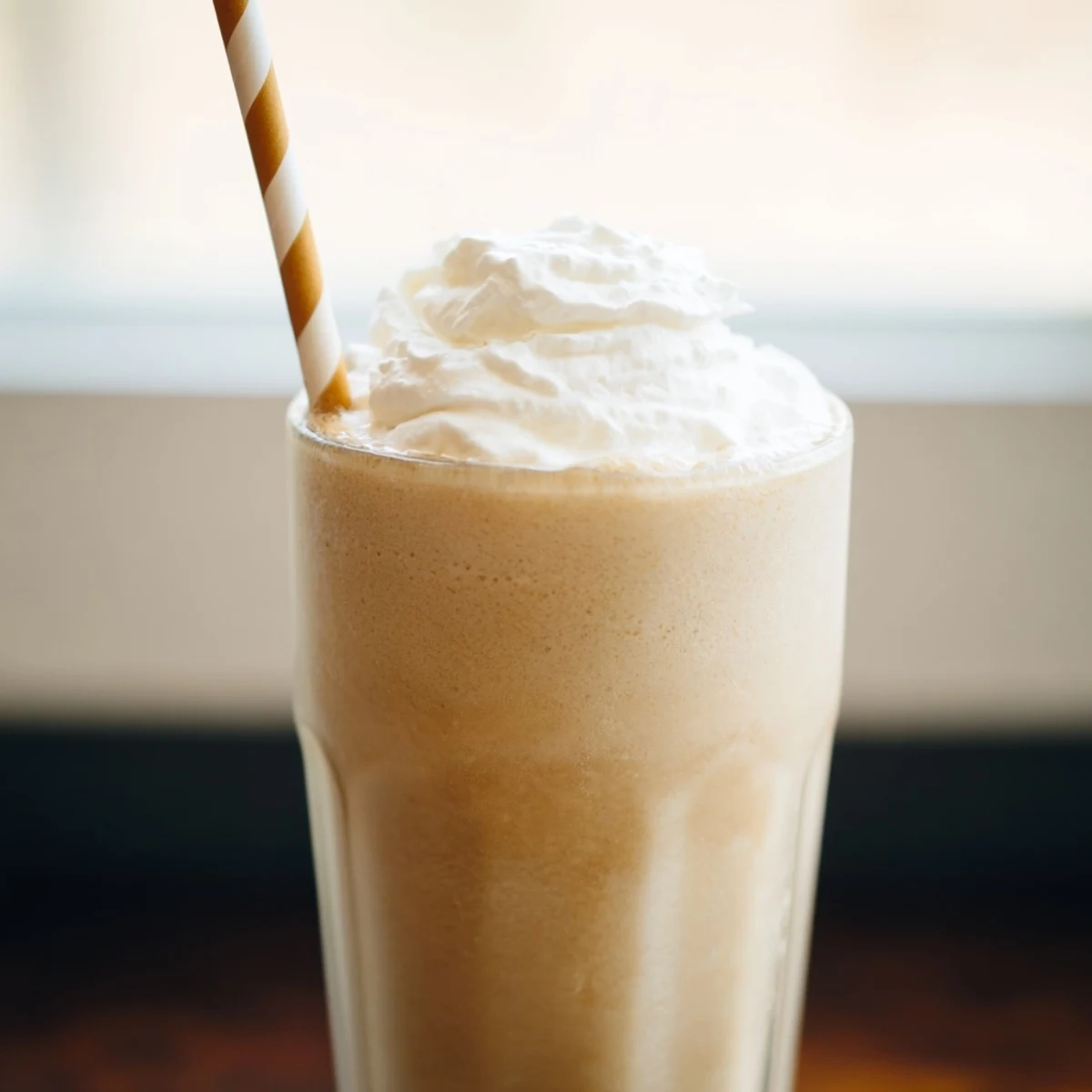 Two tall glasses of Starbucks Vanilla Bean Frappuccino topped with whipped cream and a straw.