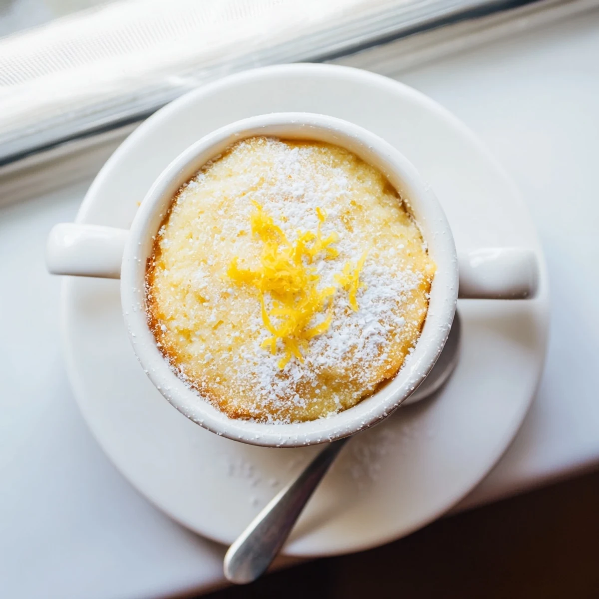 A single-serving Lemon Cottage Cheese Mug Cake topped with powdered sugar and lemon zest in a white mug.