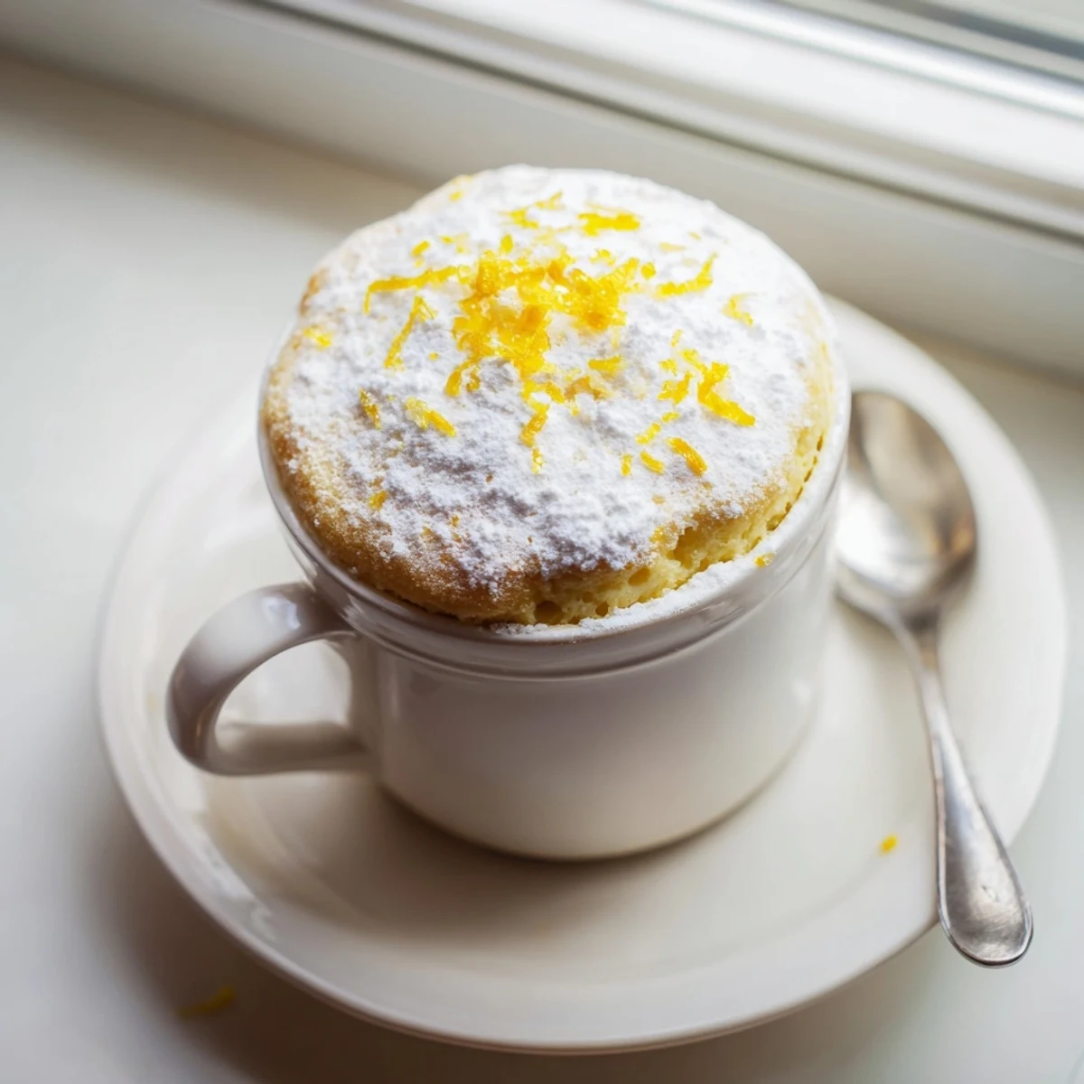 Moist and tangy Lemon Cottage Cheese Mug Cake with a fluffy texture, garnished with fresh lemon and a dollop of yogurt.