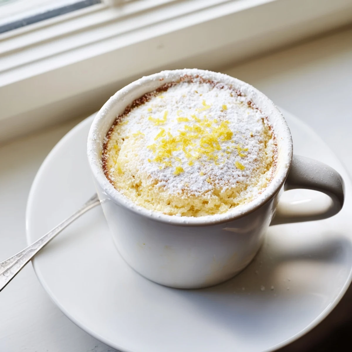 Close-up of a freshly microwaved Lemon Cottage Cheese Mug Cake with golden edges and bright lemon zest on top.