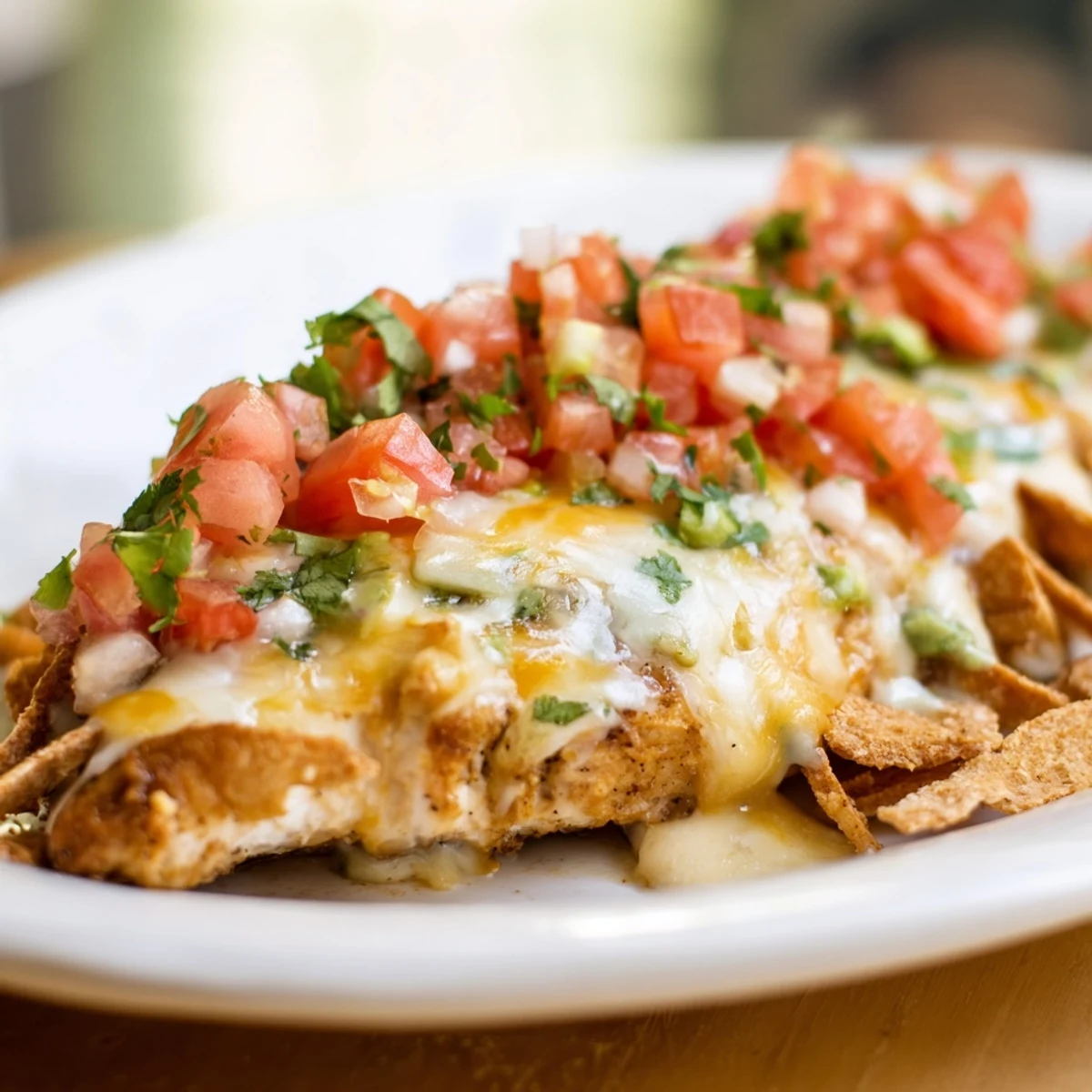 Juicy grilled Fiesta Lime Chicken breasts topped with melted cheese, tangy Mexi-ranch sauce, and fresh pico de gallo.