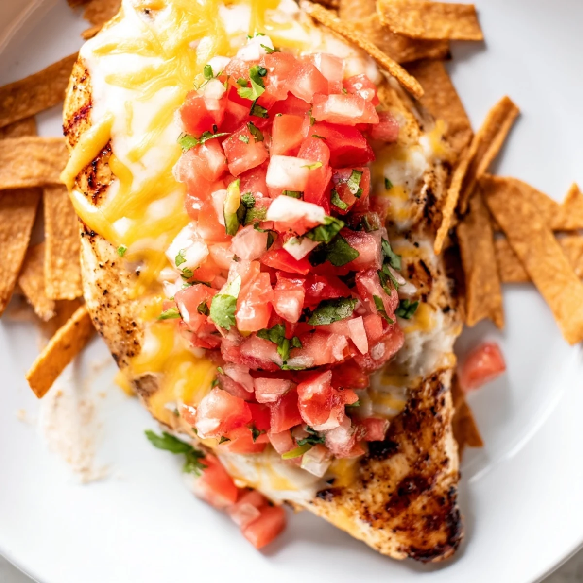 Grilled Fiesta Lime Chicken served with melted cheese, pico de gallo, and crunchy tortilla strips on a plate.