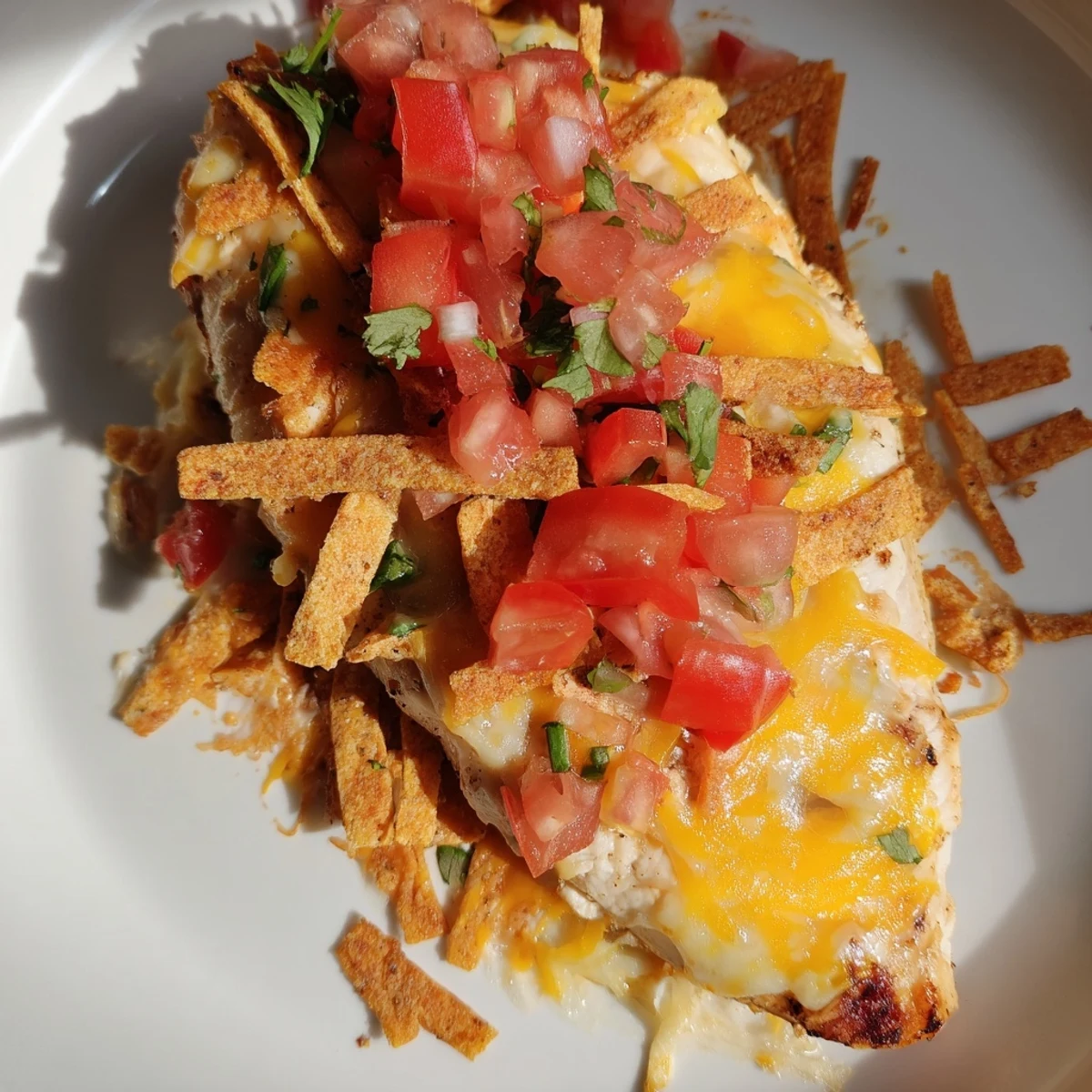 Close up of Fiesta Lime Chicken with bubbly melted cheese and Tex-Mex toppings on a dinner plate.