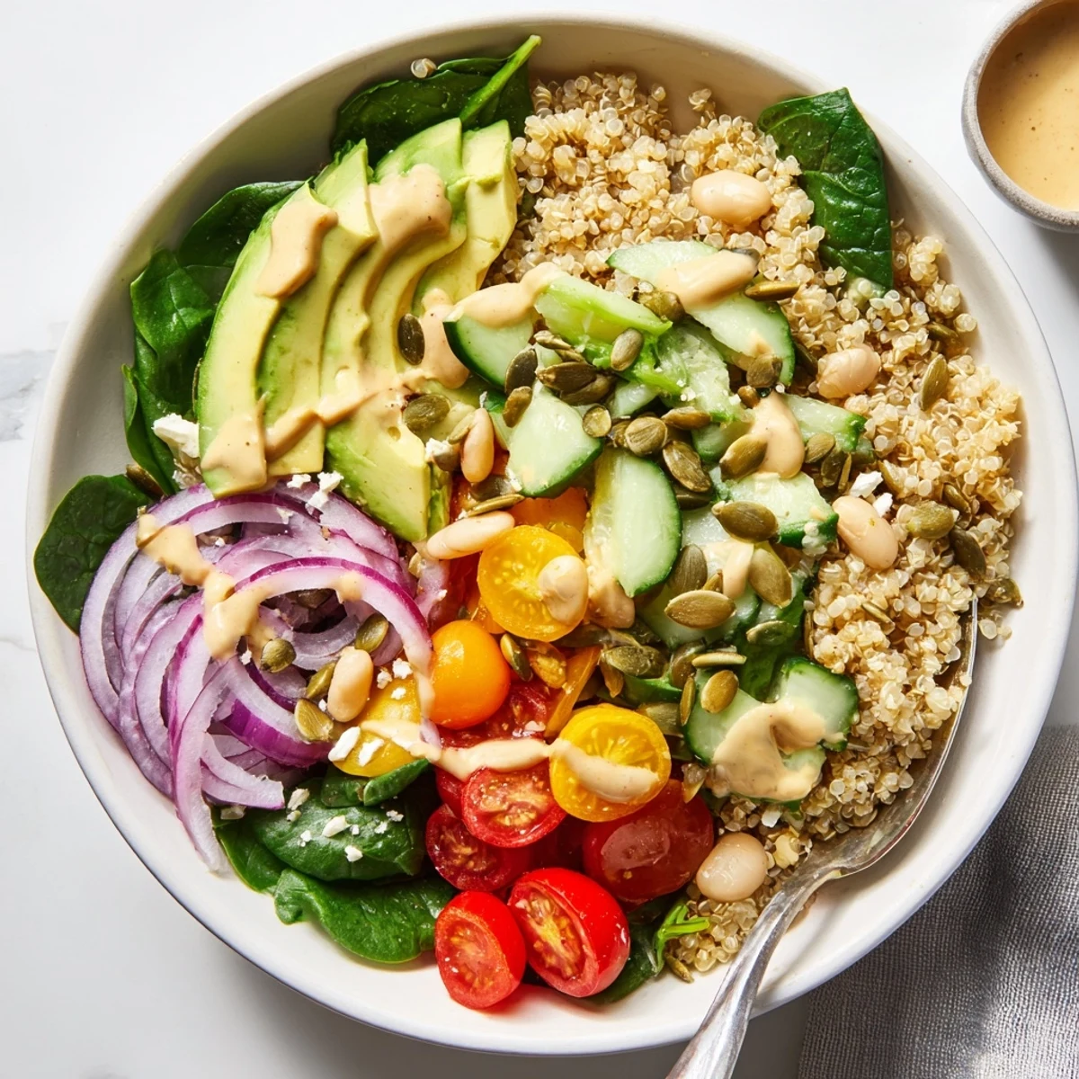 Four vibrant bowls of Spinach & White Bean Ultimate Protein Power Bowl feature fluffy quinoa topped with crisp spinach, creamy white beans, halved cherry tomatoes, and diced cucumber.  