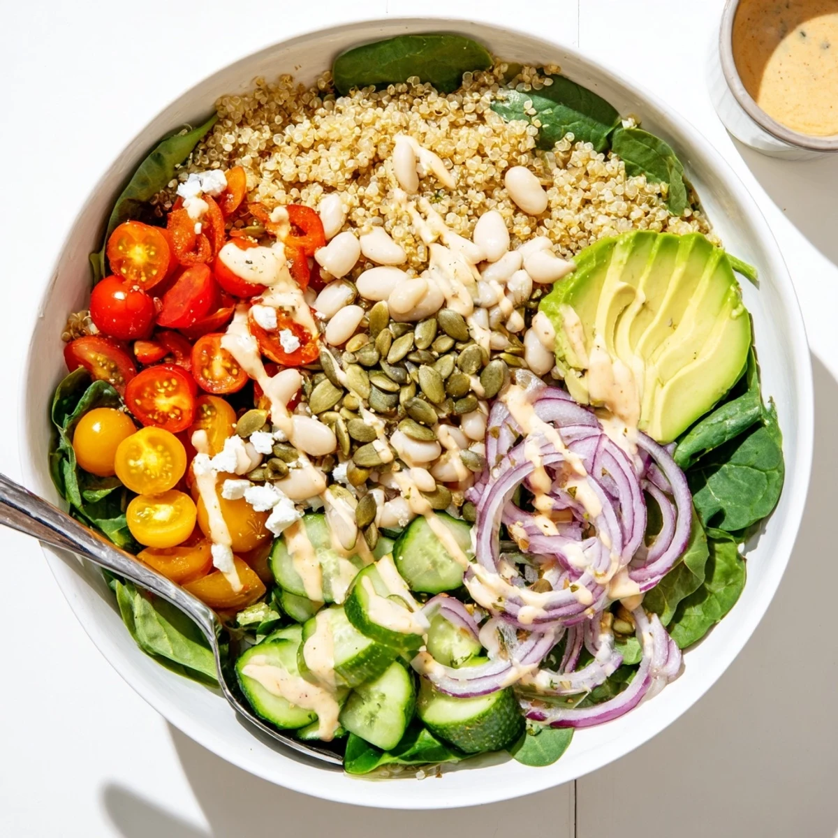A close-up of Spinach & White Bean Ultimate Protein Power Bowl shows sliced avocado, pumpkin seeds, and tangy lemon-tahini dressing drizzled over the colorful ingredients.  